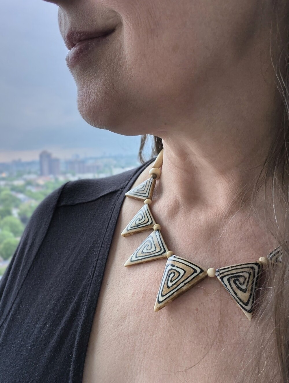 Vintage 70s Batik Carved Bone Triangle Bib Necklace